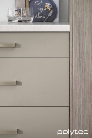 polytec LEGATO - Drawers in Castel Legato, Laminate benchtop in Argento Stone Matt, Door and panel in Tessuto Milan Ravine.