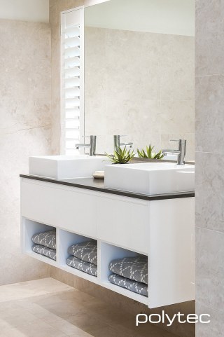 polytec BATHROOM - Melamine vanity in Classic White Matt,  and Aluminium Finger Pull Handle.