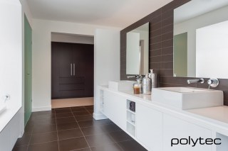 Polytec - Melamine vanity in Classic White Matt, Melamine wardrobe in Shannon Oak Matt.