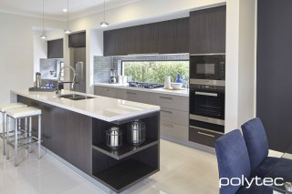 Polytec - Melamine cupboards, bar panel and shelving in Black Wenge Matt.