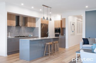 polytec KITCHEN - Melamine doors, drawers and panels in Strata Grey Sheen, Melamine overhead cupboard in Natural Oak Matt.