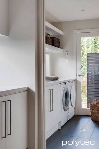polytec LAUNDRY - Melamine doors and open shelves in Classic White Matt.
