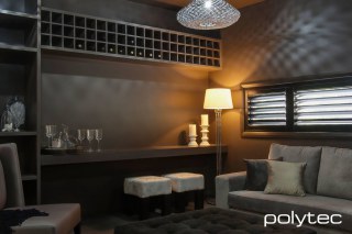 polytec MELAMINE - Melamine wine rack and shelving in Truffle Lini Matt, Laminate desktop in Truffle Lini Matt.