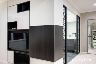 polytec MELAMINE - Melamine entertainment unit in Black Wenge Matt, CREATEC vanity in Cavia Lini Gloss.