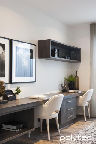polytec STUDY & ENTERTAINMENT - Laminate desktop and Melamine drawers in Char Oak Matt, Shelving in Char Oak Matt.