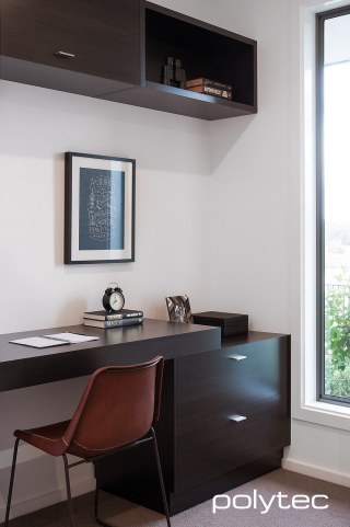 polytec STUDY & ENTERTAINMENT - Melamine doors and drawers in Black Wenge Matt, Laminate desktop and shelving in Black Wenge Matt.