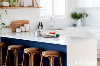 Polytec - Island Front in Oxford Venette, Cabinetry in Ultra White Gloss.