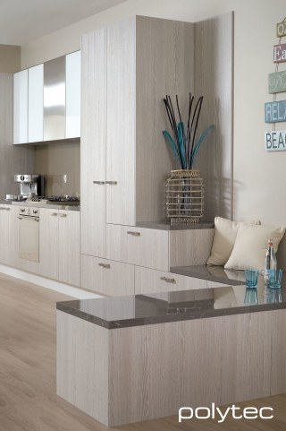 Polytec - Doors in  in Drifted Oak Ravine, Overhead cupboard doors in Starphire White glass insert.