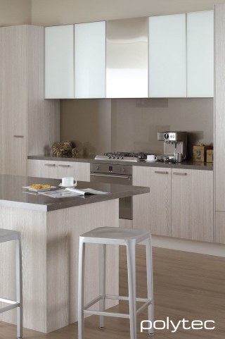 Polytec - Doors in  in Drifted Oak Ravine, Overhead cupboard doors in Starphire White glass insert.