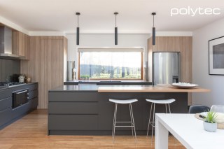 polytec KITCHEN - Doors in Natural Oak Ravine, Melamine drawers and bar panel in Cinder Matt,  with Bevel Edge.