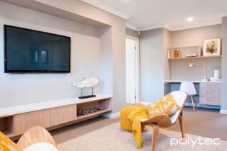polytec STUDY & ENTERTAINMENT - Entertainment unit, desk drawers and shelving in Satra Wood Ravine, Laminate desktop and entertainment top in Classic White Matt.