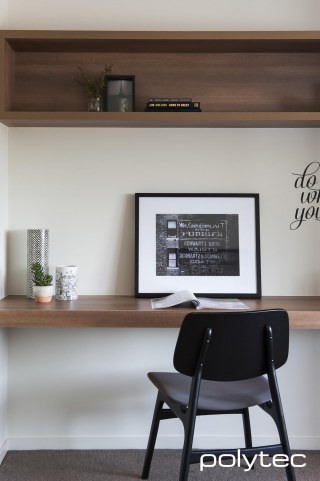 polytec STUDY & ENTERTAINMENT - Laminate desk and shelving in Sepia Oak Ravine.