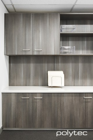 polytec COMMERCIAL & ARCHITECTURAL - Doors, panel and shelving in Char Oak Ravine, Laminate benchtop in Blanco Marquina Matt.