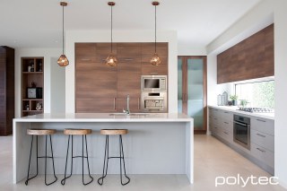 Polytec - Upper Cabinets in Sepia Oak Ravine, Lower Cabinets and Island in Stone Grey Matt.