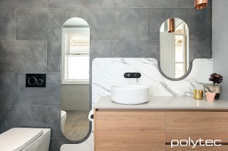 polytec BATHROOM - Vanity in Tasmanian Oak Woodmatt,  and Calacutta Grey Smooth.