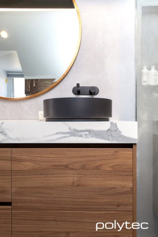 polytec BATHROOM - Vanity in Notaio Walnut Woodmatt,  and Calacutta Grey Smooth.