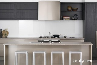 Polytec - Thermolaminated 18mm doors in Tempest Woodgrain, Thermolaminated 18mm doors in Vittoria Pearl Gloss, Door style in Oberon, Door style in Manchester.