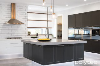 Polytec - THERMOLAMINATED doors in Casino,  and Cinder Matt, RAVINE shelving in Sepia Oak Ravine.