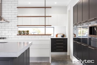 Polytec - THERMOLAMINATED doors in Casino,  and Cinder Matt, RAVINE shelving in Sepia Oak Ravine.