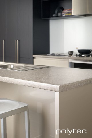 polytec THERMOLAMINATED - THERMOLAMINATED 18mm doors in Oberon,  and Tempest Woodgrain, THERMOLAMINATED 18mm doors in Manchester,  and Vittoria Pearl Gloss.