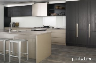 Polytec - THERMOLAMINATED 18mm doors in Oberon,  and Tempest Woodgrain, THERMOLAMINATED 18mm doors in Manchester,  and Vittoria Pearl Gloss, LAMINATE benchtop in Visoni Stone Matt.