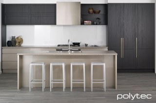 Polytec - THERMOLAMINATED 18mm doors in Oberon,  and Tempest Woodgrain, THERMOLAMINATED 18mm doors in Manchester,  and Vittoria Pearl Gloss, LAMINATE benchtop in Visoni Stone Matt.