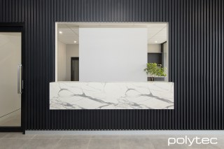polytec XENOLITH - Xenolith counter top in Calacutta Grey Smooth, 31mm x 31mm Steccawood wall panelling in Black Woodmatt.