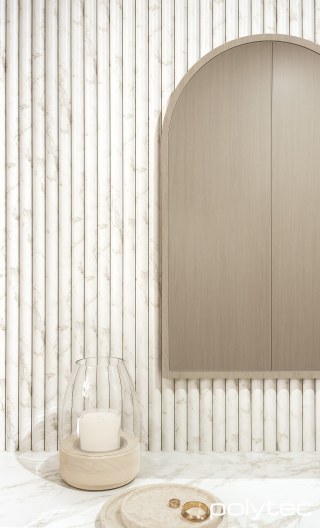 polytec STECCAWOOD - Wall panelling in 17mm x 34mm Half Round,  with Marmo di Torre Smooth, Xenolith benchtop in Marmo di Torre Smooth, Thermolaminated Mirror Panel in Arch Mirror,  with Coastal Oak Woodmatt.