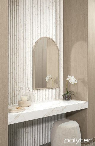 polytec STECCAWOOD - Wall panelling in 17mm x 34mm Half Round,  with Marmo di Torre Smooth, Xenolith benchtop in Marmo di Torre Smooth, Doors and panels in Chifley,  with Coastal Oak Woodmatt, Thermolaminated Mirror Panel in Arch Mirror,  with Coastal Oak Woodmatt.