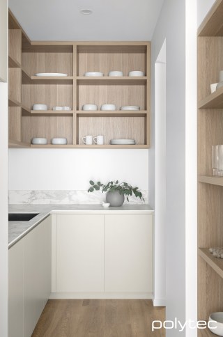 polytec KITCHEN - Doors in Avion Grey Matt, Shelving in Maison Oak Ravine.