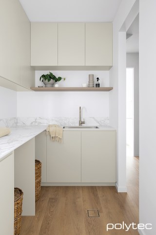 polytec LAUNDRY - Doors and Panels in Avion Grey Matt, Shelf in Maison Oak Ravine.