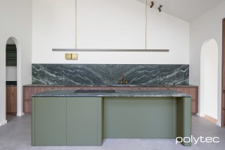 polytec KITCHEN - Island in Topiary Smooth, Doors in Notaio Walnut Woodmatt.