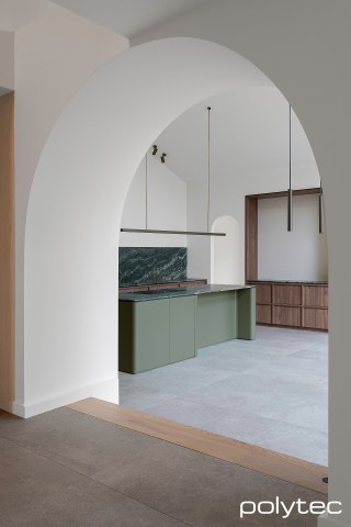 polytec KITCHEN - Island in Topiary Smooth, Doors in Notaio Walnut Woodmatt.