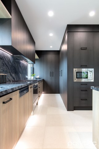 Polytec - Cabinetry in Empire Oak Woodmatt,  and Casentino Beech Woodmatt,  with Square Edge.