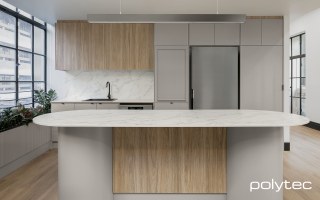 polytec KITCHEN - Doors and panels in Stone Grey Matt,  and Calcutta 10,  with Prime Oak Woodmatt, Benchtop and splashback in Marmo di Monte Smooth.